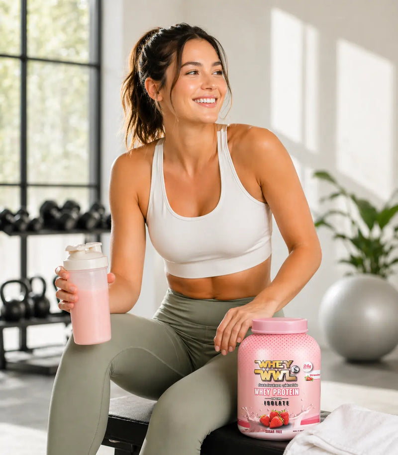 Woman in workout attire holding a pink protein shaker and whey protein container in a gym setting